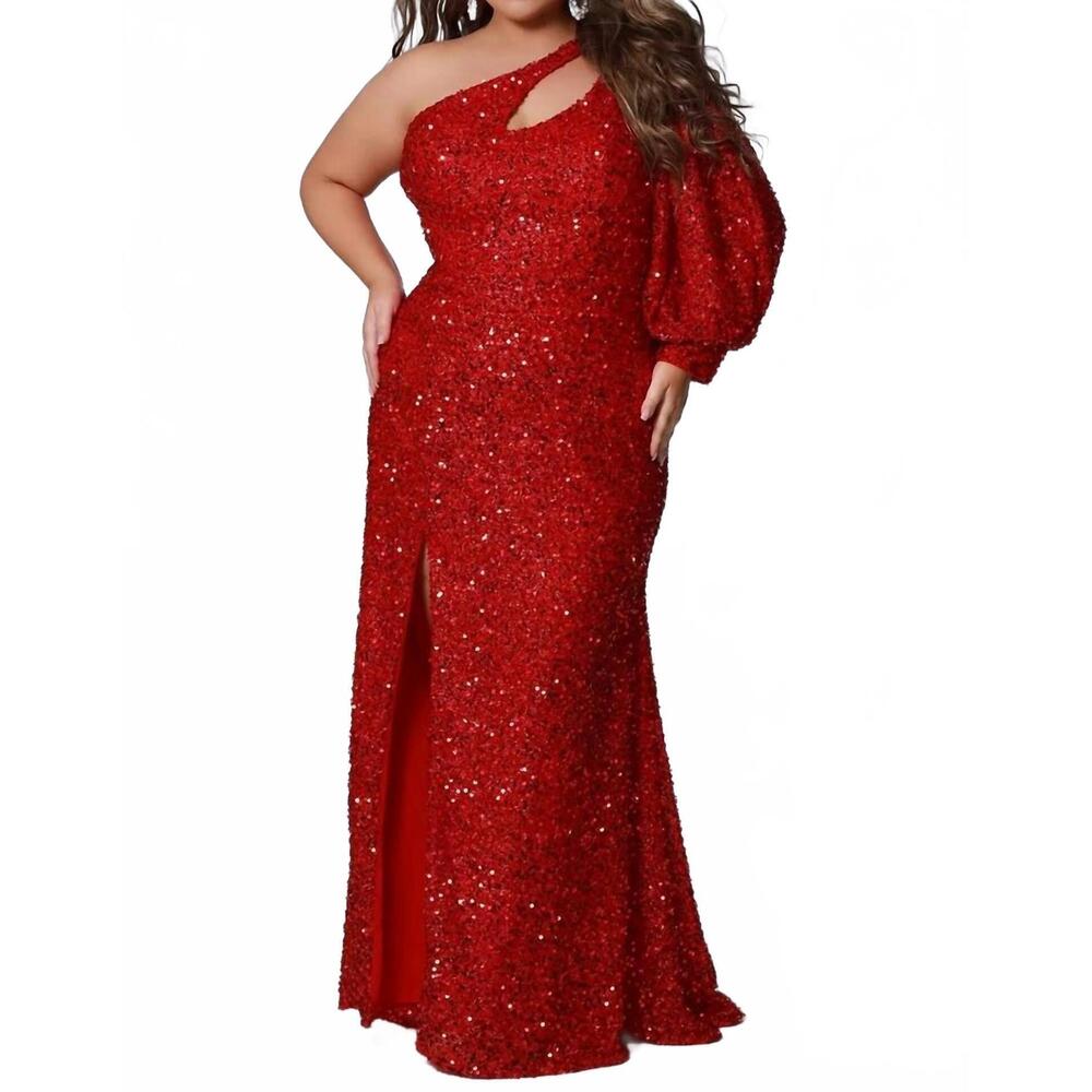 NEW SYDNEY'S CLOSET sequin one shoulder long sleeve gown - plus in ruby